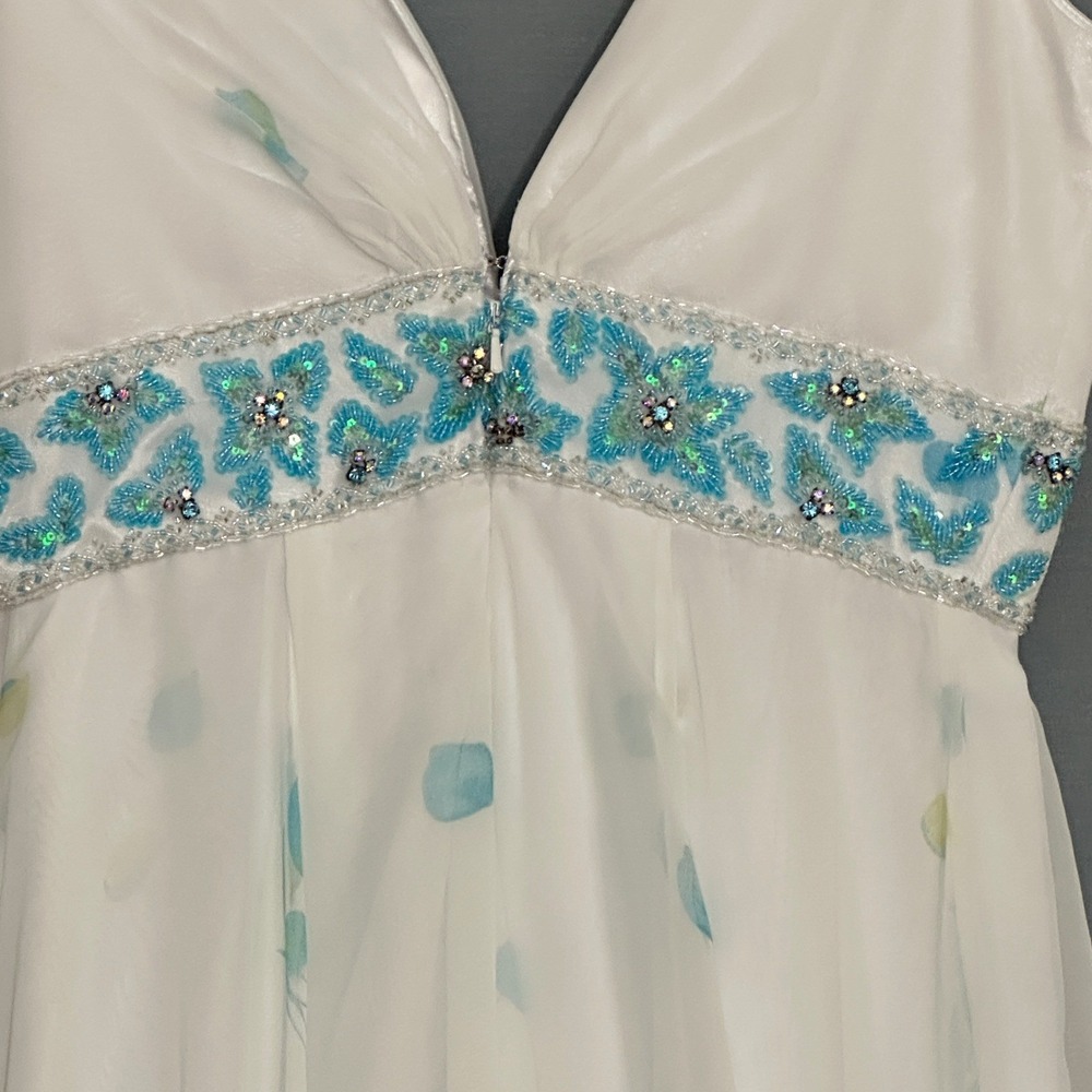 VTG Tony Bowls Le Gala Woman Dress 14 White Blue Floral Beaded Ethereal Romantic - Picture 13 of 16